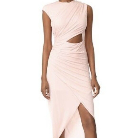 Halston Heritage Draped Jersey Cut Out Criss Cross Side Gathered Pink Dress - Picture 3 of 13